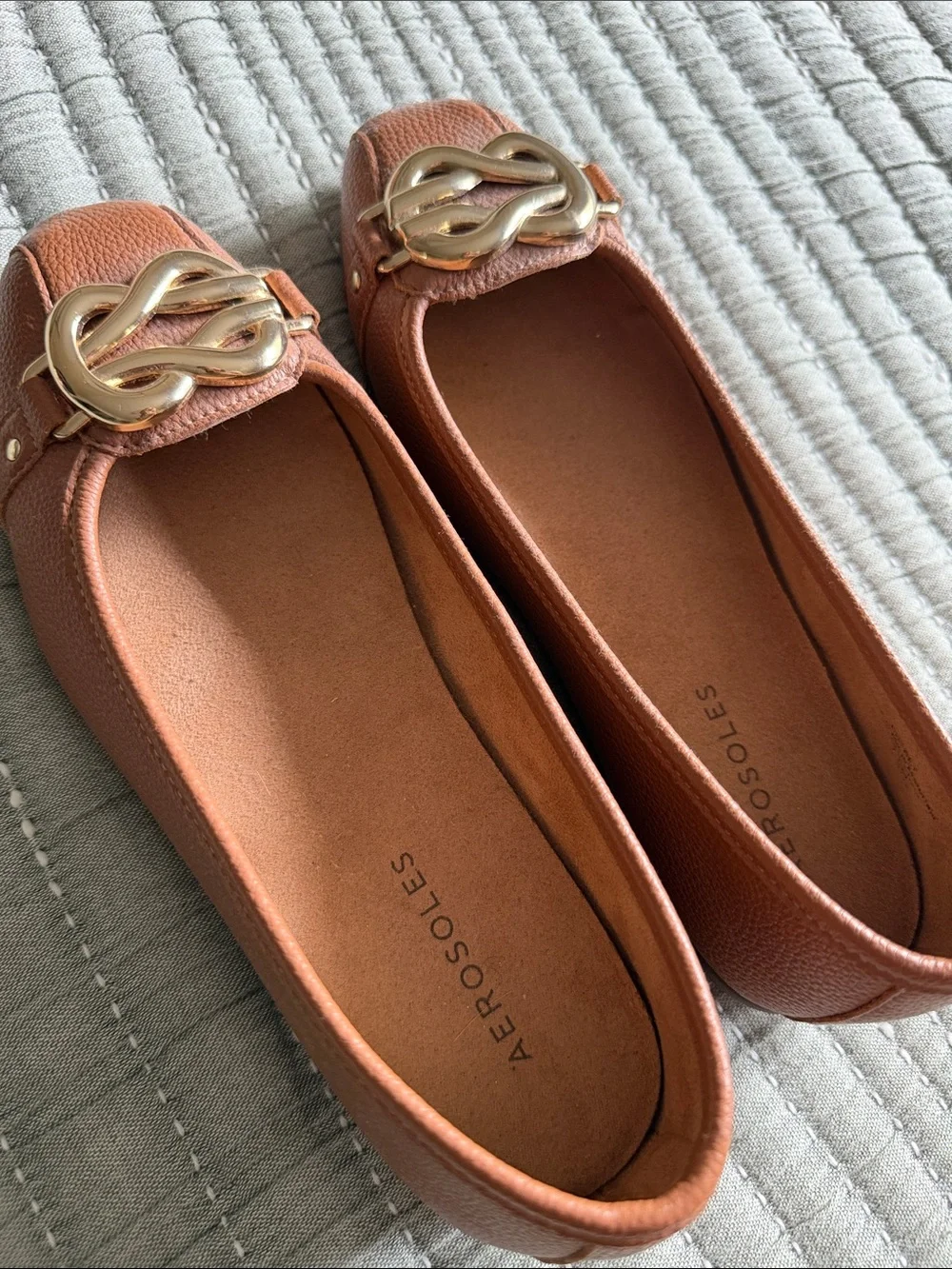 AEROSOLES Rust Brown Leather Loafers with Gold Accent